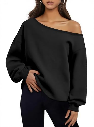 INFITTY Spring Off Shoulder Sweatshirt Workout Cropped Sweater for Women Casual Oversizd Shirts Cute Pullover Tops Black
