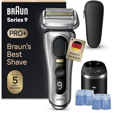 Braun Series 9 Pro+ Rasierer Herren Elektrisch, Elektrorasierer mit 5+1 Ultradünnen Präzisionsklingen, Rasierapparat ProTrimmer & Reinigungsstation +2 Kartuschen, Made in Germany, 9567cc, Silber