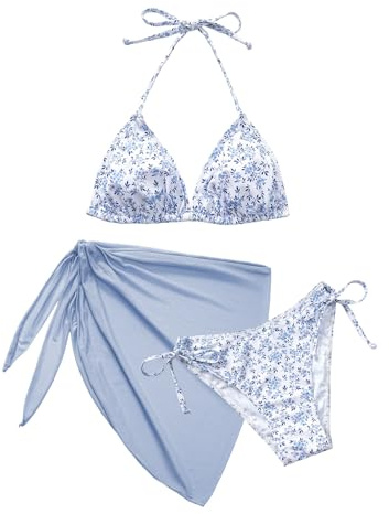 Vijamiy Maillot De Bain Femme 3 Pieces Push Up Rembourré Sexy Halter Triangle Bikini Maillots Trois PièCe Ajustable Swimsuit Sexy Col V Chic Et Elegant avec Jupe(Bleu Clair et Blanc,S)
