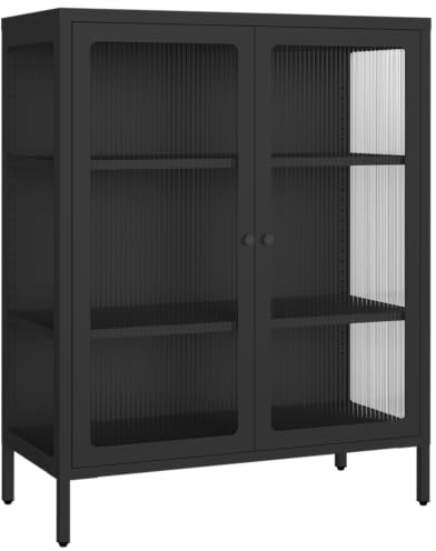 skølm Norns Metallkommode 80 cm, Glastüren, Schwarz, geriffelte Front | Vitrinenschrank, Sideboard mit 3 verstellbaren Fächern, Glasvitrine, Kommode Wohnzimmer & Flur, Buffetschrank, Metallschrank