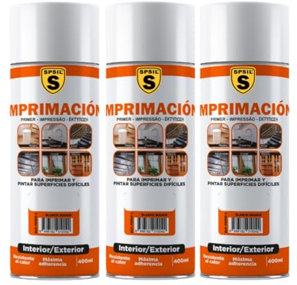 SPSIL Imprimación Universal Spray Blanco 400ml (pack of 3),Imprimante Multisuperficie para Plástico,Cerámica,Metal,Vidrio y Madera,Fijación Intensa,Preparación Profesional para Pintado