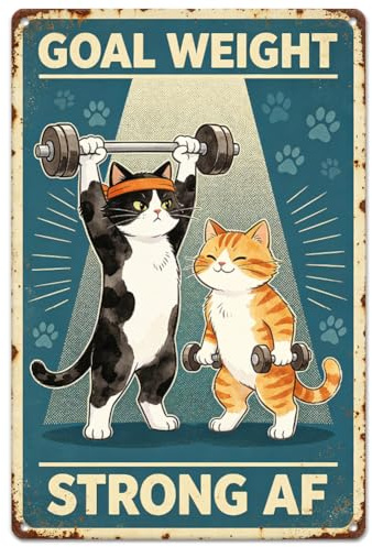 SUPERDANT Targa in metallo vintage con gatto fitness retrò decorazione allenamento cartello da parete in ferro con citazione motivazionale per garage palestra e casa ufficio decorazione obiettivo peso