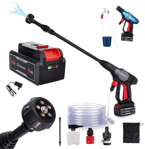 LEHMANN STREAM Mini Idropulitrice Portatile a Batteria 20V Max con Batteria 4Ah, Idropulitrice Autoadescante con Lancia 5 in 1, Tubo 6 m e Schiumatore per Auto e Terrazzo
