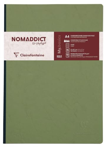 Clairefontaine 791463C - Notizbuch / Kladde Age Bag DIN A4 21x29,7 cm, liniert, 96 Blatt, 90g, geleimt mit Lederstruktur, mit bedruckten Vorsatzblättern, Grün, 1 Stück