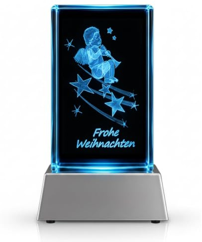 Kaltner Präsente 3D Kristall mit Engel & Gravur „Frohe Weihnachten“ – LED Licht mit Farbwechsel, hochwertiger Glaswürfel, Kristall-Deko mit Leuchtsockel für festliche Winter-Atmosphäre