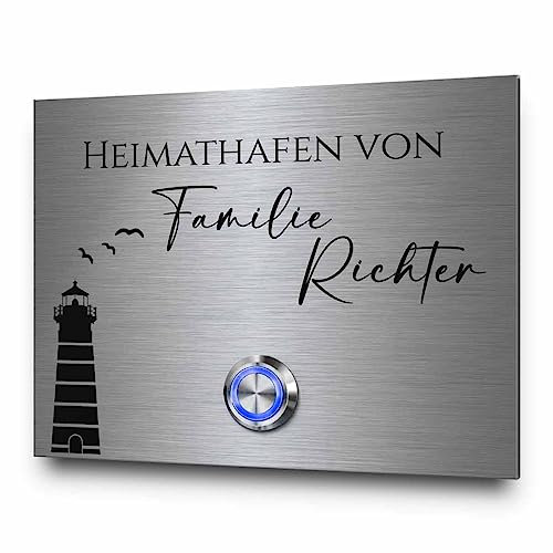 CHRISCK design - Türklingel aus Edelstahl mit Gravur - Modell Richter ab 9x7 cm | Große Motiv- und Designauswahl | Moderner Klingelknopf mit LED Beleuchtung - Rostfreies Klingelschild für die Haustür