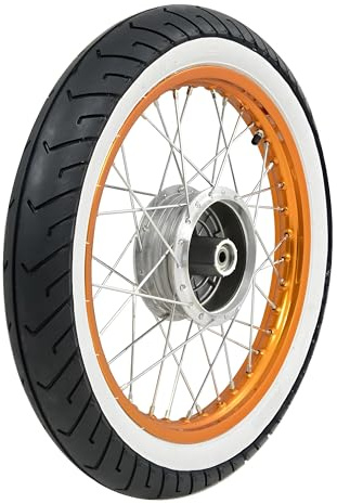 Komplettrad - HINTEN - 1,5x16 Zoll - Alufelge orange eloxiert und poliert, Chromspeichen - MITAS-Weißwandreifen MC2 montiert
