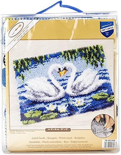 Vervaco Knüpfteppich Set DIY Handarbeit Set Knüpfset für Anfänger 2 SCHWÄNE Teppich zum Selber Knüpfen Basteln Erwachsene Kreativ Set ca. 55 x 40 cm Latch Hook Kit Knüpfhaken Set Haus Dekoration