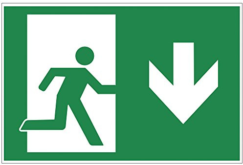 Schild Notausgang runter, Alu-Dibond, 200x140 mm | 3 mm stark, wetterfest