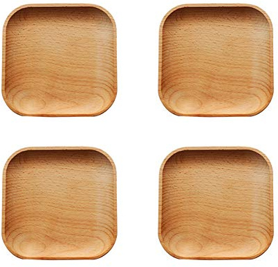 CAN_Deal 4X Plato De Madera Cuadrado Comida para El Desayuno Merienda Bandejas para Servir Bandeja De Ensalada Bandeja