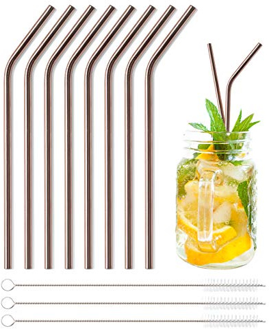 Pentaton pailles à boire réutilisables, paille inox métal, tuyau de boisson, set de paille métallique 8x courbé, 3 brosses de nettoyage, en Or Rose