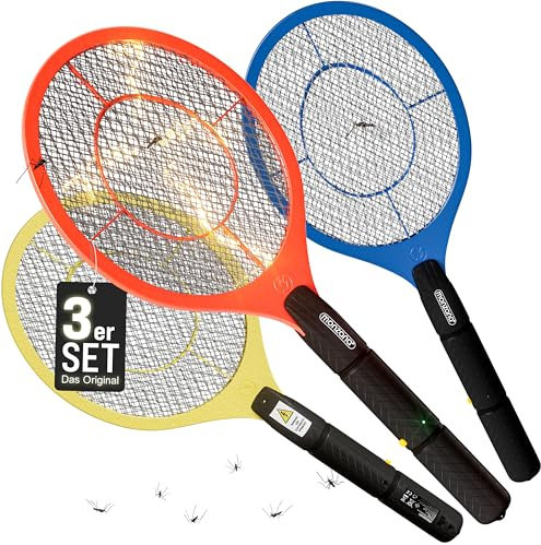 MONZANA® 3X Elektrische Fliegenklatsche 3000V Doppeltes Sicherheitsnetz batteriebetrieben Mückenklatsche Fliegenfalle Fliegenfänger Insektenvernichter