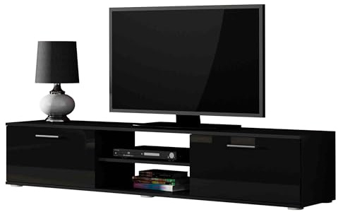 Mirjan24 TV Lowboard 180 Soho S3, Farbauswahl, TV Schrank, Tisch, Fernsehschrank, Fernsehtisch, TV Bank, TV Möbel (Schwarz/Schwarz Hochglanz)