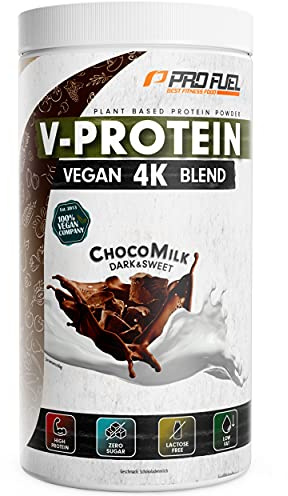 Veganes Proteinpulver SCHOKOLADE - V-PROTEIN 4K Blend, 750g | Unglaublich lecker & cremig | Aus Sonnenblumen, Soja, Hanfsamen & Kürbiskernen | Pflanzliches Eiweißpulver mit 74% Eiweiß