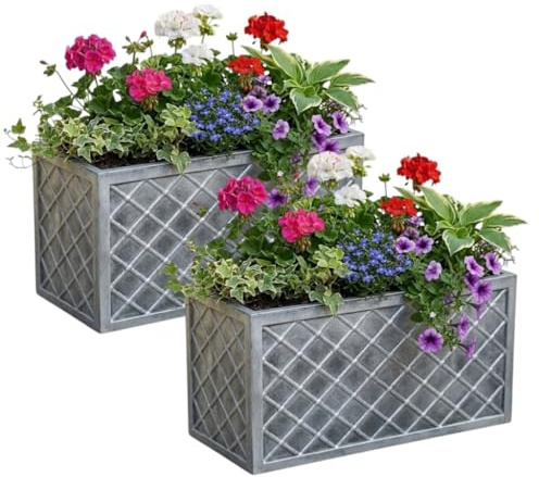 Shop4allsorts Set Of 2 Large Trough Planters - Pewter Grey Outdoor Lazio Trough - Lattice Style Rectangular Plastic Garden Plant Pot - Garden Balcony, Patio Flower Planter 70cm.