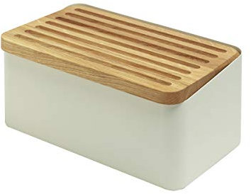 Legnoart Boîte à pain blanche avec couvercle double fonction : planche à découper et couvercle en chêne