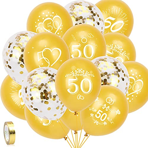 HOWAF 35pcs Goldene Hochzeit 50 Luftballons Deko, Gold 50. Latexballons Konfetti Luftballons für 50. Hochzeitstag Deko, 7 Stil, 12 Zoll