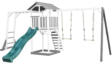 AXI Beach Tower Spielturm aus Holz in Weiß & Grau | Spielhaus für Kinder mit grüner Rutsche, Klettergerüst, Doppelschaukel und Sandkasten | Stelzenhaus für den Garten