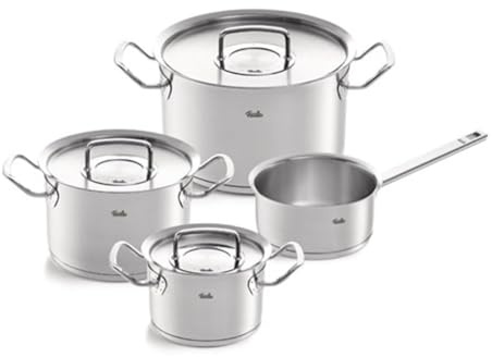 Fissler Original,Profi Collection Set di pentole in acciaio inox, 4 pezzi, con coperchio in metallo, 3 pentole, 1 tegame senza coperchio, adatte per cottura a induzione