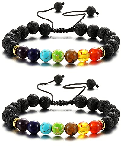 AFSTALR 7 Chakra Armband Echte Steine Elastisch Lava Armband für Damen Naturstein Armband Yoga Armband