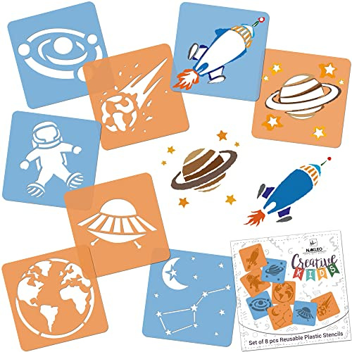 NAKLEO Schablonen Malen für Kinder, 8 Stück Set 15x15cm Kosmos Universum | Kreatives Zeichenschablonen, Kunststoff Wiederverwendbar Malschablone DIY Handwerk, Papier Wand Holz Stoff