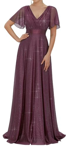 Ever-Pretty Vestido de Fiesta A-línea Largo para Mujer Escote en V Manga Corta Plisado con Lentejuelas Morado Oscuro 52