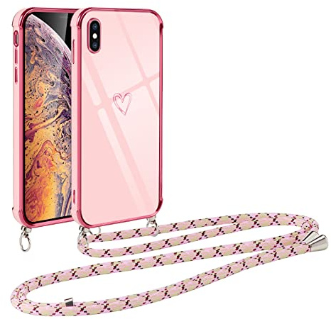 Vauki handyband für iPhone XS Max Hülle mit Band, Handyhülle mit Kette, Herz Motiv, Ultra Dünn Stoßfeste Aesthetic Case mit Kordel zum Umhängen für iPhone XS Max 6.5 Zoll, Rosa