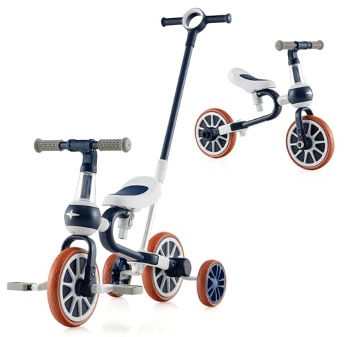 Maxmass 4 in 1 Kids Tricycle, Toddler Balance Bike with Adjustable Push Handle, 2-Level Seat Height, Reversible Handlebar, 4 Wheels Pedal Trike for 2-4 Years Old (Navy Blue)