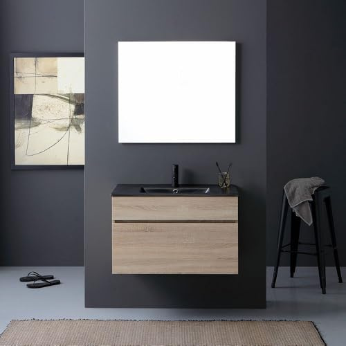 Kiamami Valentina - Mobile bagno sospeso da 90cm effetto legno con lavabo nero e specchio Sole
