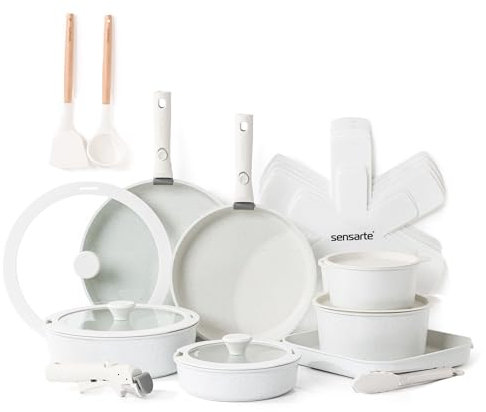 SENSARTE 24 Piece Nonstick Detachable Handle Pots and Pans Set White