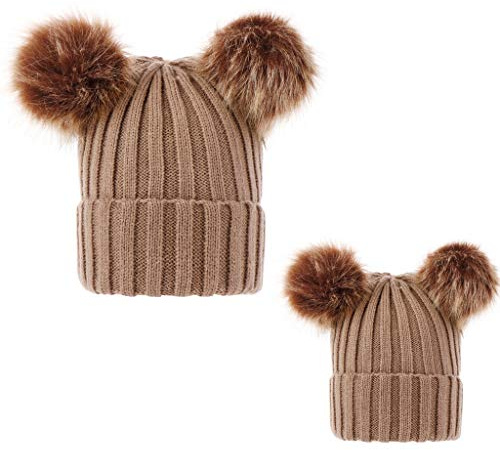 PythJooh 2PCs Mom and Baby Hat Winter Warm Cute Pom Pom Wooly Crochet Hats | Family Matching Beanie Hats for Women and Baby Girl Boy Kids 0-3Years