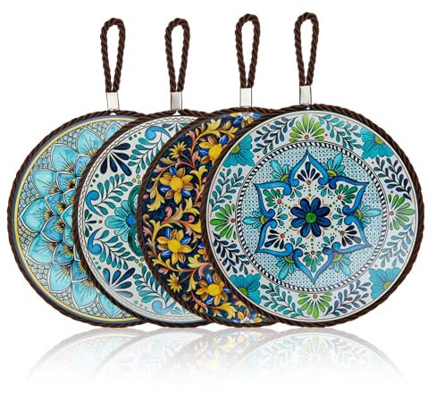 SPRHR 4 Stück Topfuntersetzer Keramik mit Korkböden und Schlüsselbandn, Korkuntersetzer mit 16 cm Durchmesser und Retro-Muster, Topfuntersetzer Hitzebeständig für Tellern, Tassen und Töpfen