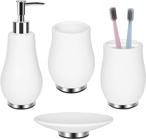 RQYIXI Set med badrumstillbehör i 4 delar, tandborsthållare, tvålpump, keramik, badrumsdekor, setet innehåller en tandborstmugg, ett tvålfat, och en mugg, vit
