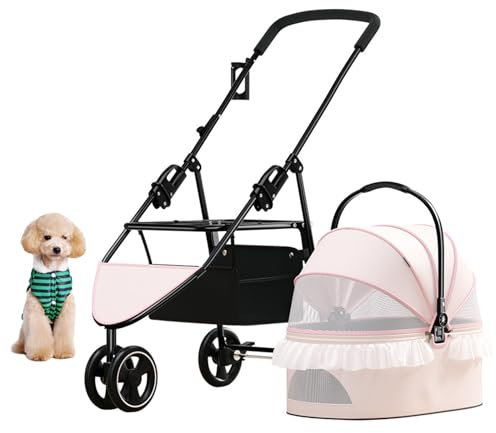 PJDDP 3-In-1 Faltbarer Kinderwagen Für Haustiere 3-Rad-Katzenkinderwagen Trolley Für Kleine Hundebuggy-Welpen Mit Ablagekorb Und Getränkehalter Mit 360 Grad Schwenkbarem Vorderrad,Rosa