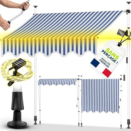 tillvex Tenda da Sole a Bracci con Manovella | Protezione Balcone, Regolabile, Senza Forare, a Manovella | Tenda resistente per Esterno (350cm, Blu/Bianco con LED)