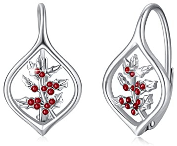 CRWENG Geburtsblumen-Ohrringe Sterlingsilber Blumenohrringe für Frauen Mohnblume Lilie Holly baumelnde Tropfenohrringe für Frauen Schmuck zum Geburtstag (Stechpalme)