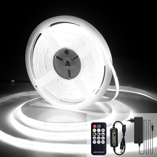 luktix Tira LED COB 10m Blanca Frio, 24V, 6000K, 8mm Ancho, CRI 92 | Tira LED Regulable con Remoto y Alimentación para Dormitorio, Cocina, TV, Espejo, Armario, Decoración Hogar, Flexible