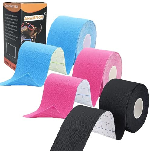 ANAMPION Kinesiology Tape (3 Rolls,5cm*5m) Waterproof Sports Tape for Athletes Physio Elastic Tape Pain Relief Adhesive for Muscles Shin Splints Ankle Knee Shoulder (Black+Blue+Pink)