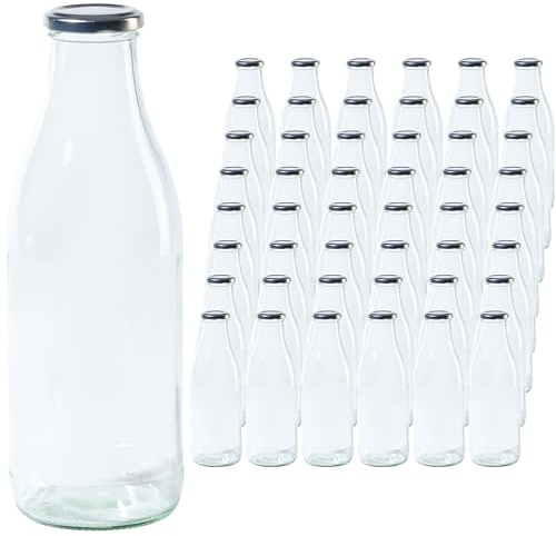 Vitrea 48 leere Glasflaschen 1 Liter Schraubverschluss Silber - Milchflaschen, Saftflaschen, große Flaschen zum Befüllen mit Deckel - für Milch, Saft, Smoothies, Öl - 48 Stück, TO48, Milch