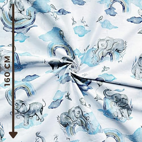 Textrend Baumwollstoff - Stoff zum Nähen - 100% Baumwolle - Textilien 1x1.6m - Stoffe Meterware - Elefanten-Muster (Marineblaue Elefanten mit einem Regenbogen auf weißem Hintergrund)