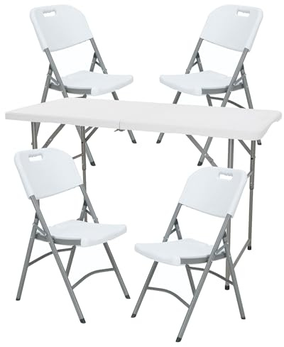 Mesa Plegable de Altura Regulable 122x60x50-74cm, y Set de 4 Sillas Plegables 51x45x85,5cm, Ideal para Exteriores