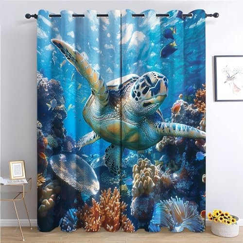 Srigzcaly Unterwasserwelt MeeresschildkröTen Grommet Vorhänge - Lärmminderung, Staubdicht Vorhange Blickdicht, 150x166cm(BxH),Polyester Vorhänge für Kinderzimmer&Wohnzimmer Blau