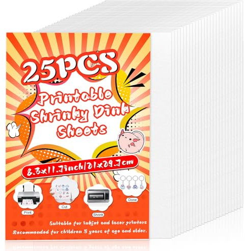 Bedruckbare schrumpffreie Dink Blätter, weißes bedruckbares Schrumpfpapier, Shrinky Dink Kits für Kinder mit 25 schrumpfenden Kunststoffbögen für Tintenstrahldrucker, Kinder, Bastelarbeiten