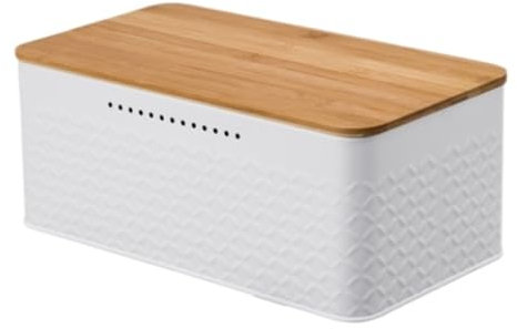 MDWZH Boite A Pain Huche à Pain Boîte À Pain en Métal avec Couvercle en Bambou Utilisable comme Planche À Découper, Support De Récipient De Stockage De Pain Boîtes à Pain(White)