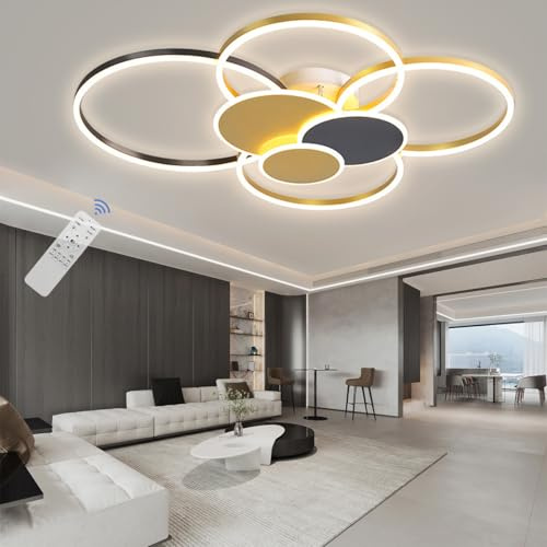 Lxysy Dimmbare LED-Deckenleuchte, Wohnzimmerleuchte schwarz gold, Deckenleuchte Schlafzimmer-Wohnzimmerleuchte LED, Wohnzimmer schwarz & weiß, Schlafzimmerleuchte (Gold + Schwarz, L100*W81*H13CM)