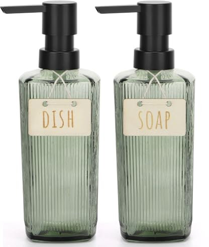 Segbeauty Seifenspender Grün, 2 Stück 350ml Seifenspender Küche, Pumpspender Nachfüllbarer, Spülmittelspender für Küche, Shampoo Flaschen zum Befüllen (Glas)