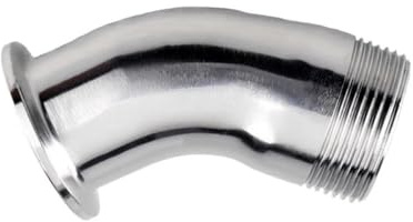 1/2 Zoll, 3/4 Zoll, 1 Zoll, 1-1/4 Zoll, 1-1/2 Zoll, 2 Zoll (DN15–DN50), BSP-Rohrverschraubung mit Außengewinde, 45-Grad-Bogen, 1,5 Zoll Tri-Clamp, 50,5 mm Zwinge(DN50OD77.5MM)