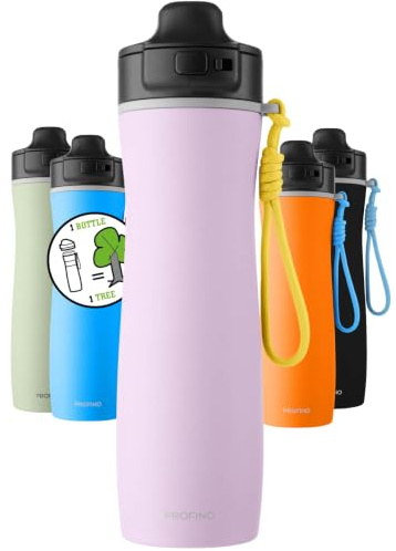 PROFINO Active Isolierflasche 625 ml Flieder, Flip-Cap, auslaufsicher | Edelstahl-Sportflasche, recycelter Stahl, 6h warm, 12h kalt, robustes Paracord-Band, spülmaschinenfest, auslaufsicher