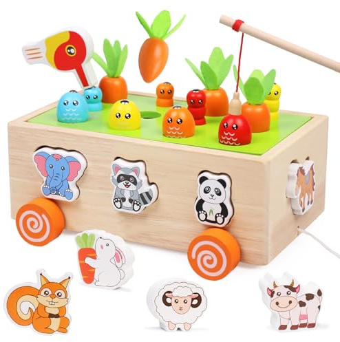 wotoyd Montessori Spielzeug ab 1 2 3 Jahre | 7-in-1 Holz Karotten Steckspiel & Angelspiel Farmspiel | Motorikspielzeug aus Holz | Montessori Geschenk für Jungen und Mädchen