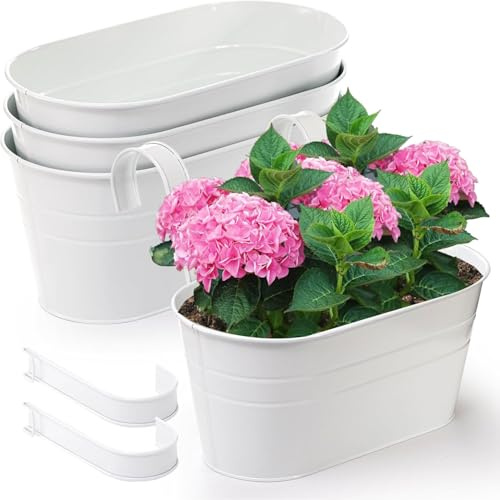 BLIFUGE Hanging Plant Pots 4PCS, Metal Hanging Flower Pot for Balcony Fence Garden Home Decor, 27cm Over Fence Planters with Detachable Hook - White